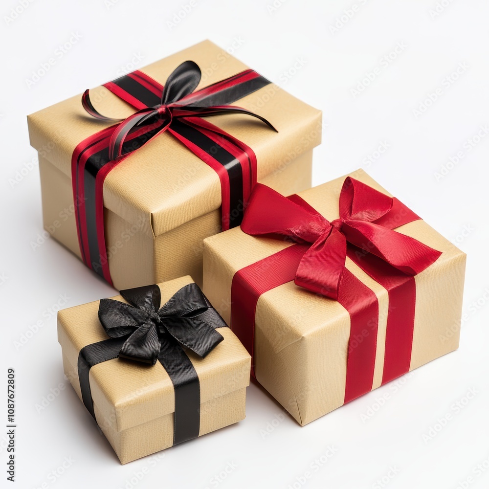 Fototapeta premium Three beautifully wrapped gift boxes with ribbons on a white background.