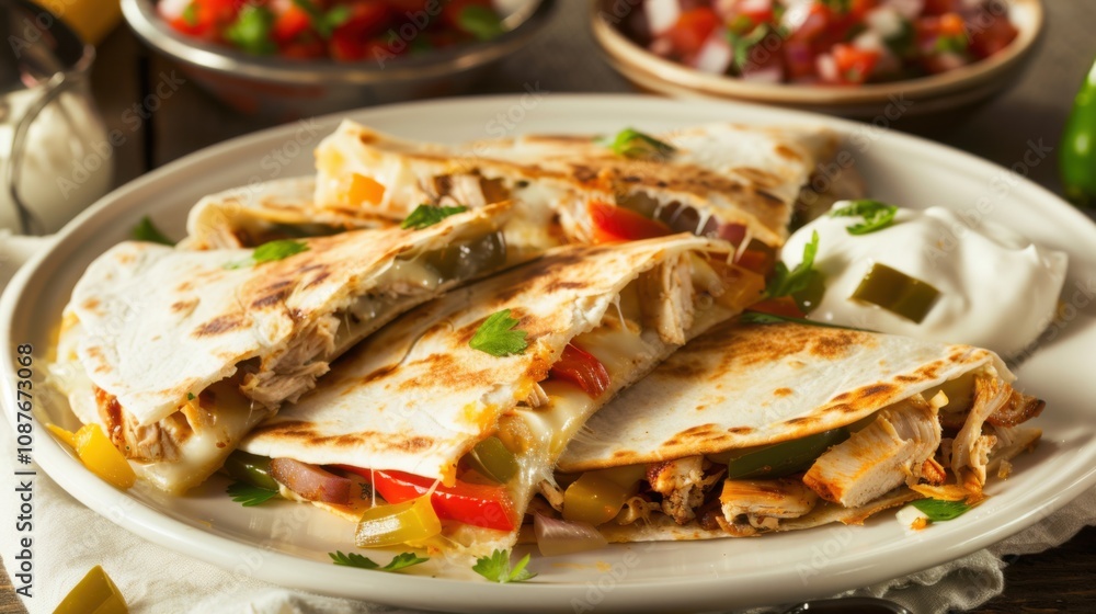 A delightful plate of chicken quesadillas with melted cheese, diced chicken A delightful plate of chicken quesadillas with melted cheese, diced chicken