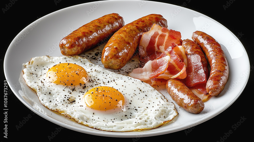 Delicious breakfast plate with fried eggs, bacon, sausages and tomatoes on white plate. Delicious breakfast plate with fried eggs, bacon, sausages and tomatoes on white plate.
