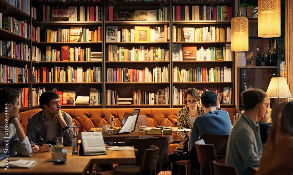 Cozy caf? with bookshelves, people working and reading. Cozy caf? with bookshelves, people working and reading.