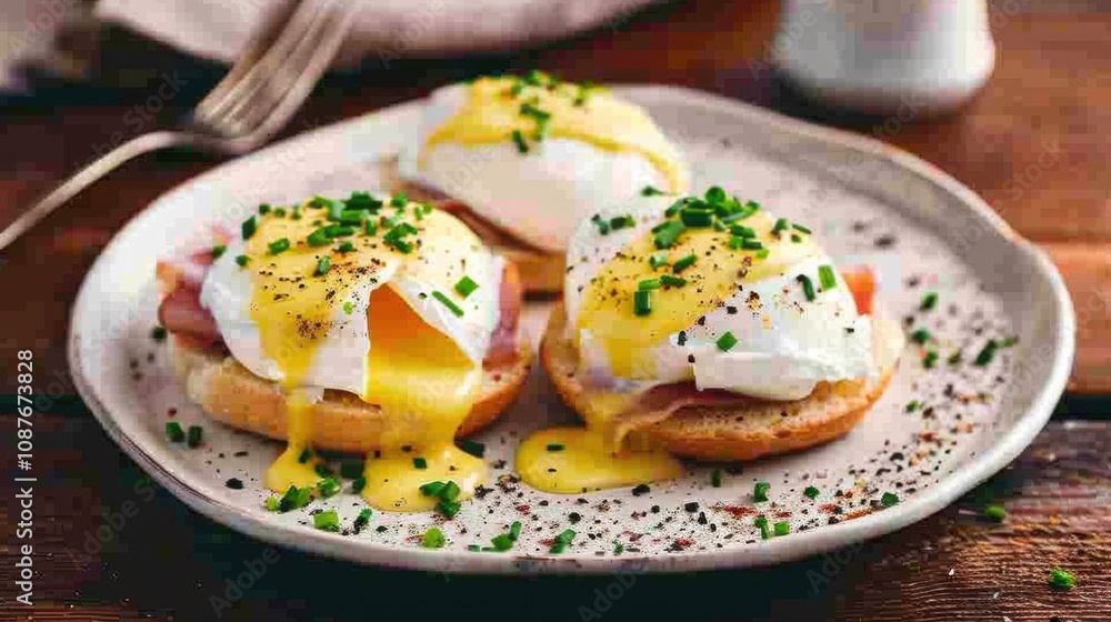 A delightful plate of eggs Benedict with poached eggs, Canadian bacon A delightful plate of eggs Benedict with poached eggs, Canadian bacon