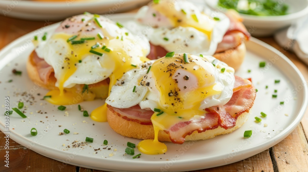 A delightful plate of eggs Benedict with poached eggs, Canadian bacon A delightful plate of eggs Benedict with poached eggs, Canadian bacon