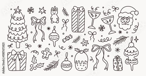 Set of hand drawn Christmas doodles. Simple holiday icons. Christmas tree, Santa Claus, gifts, bows, stars, Christmas tree toys, cocktails in glasses, snowflakes.