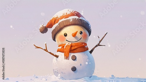  Illustration of a Funny Snowman in a Hat and Scarf, Whimsical Winter Design