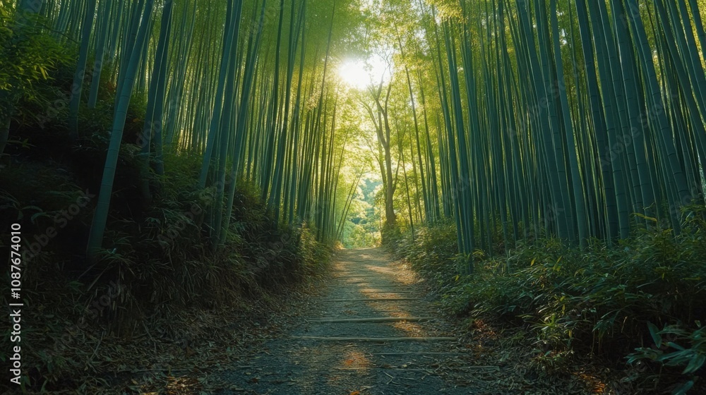 Naklejka premium Serene Bamboo Forest Path Sunlight, Greenery, Tranquility, Nature