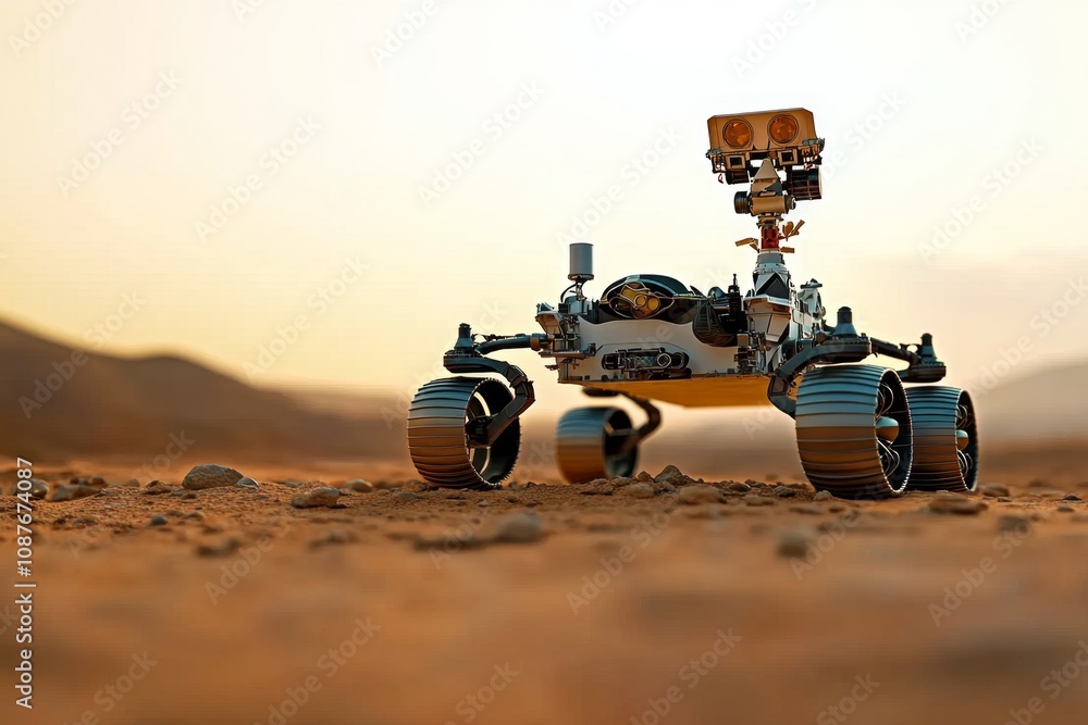 A high-definition close-up of a Mars rover’s wheels and robotic arm exploring the planet’s surface A high-definition close-up of a Mars rover’s wheels and robotic arm exploring the planet’s surface