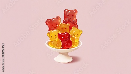 Illustration of Gummy Bears on a White Plate, Colorful and Playful Design