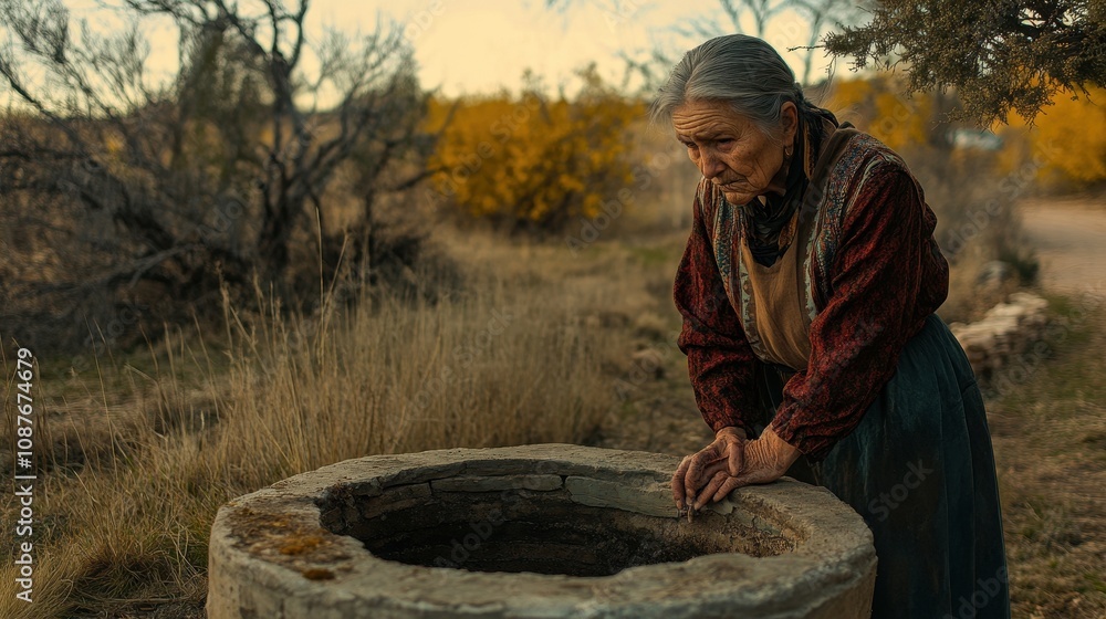 Elderly American woman stands by a dry well, worried about the lack of clean water Elderly American woman stands by a dry well, worried about the lack of clean water
