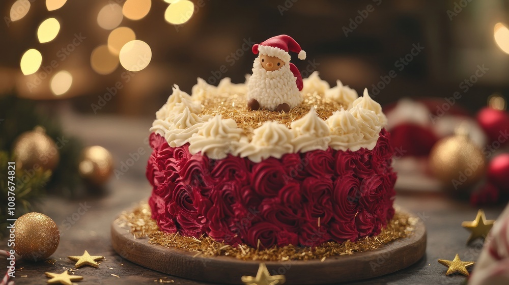 A festive cake decorated with Santa and gold accents, perfect for holiday celebrations. A festive cake decorated with Santa and gold accents, perfect for holiday celebrations.