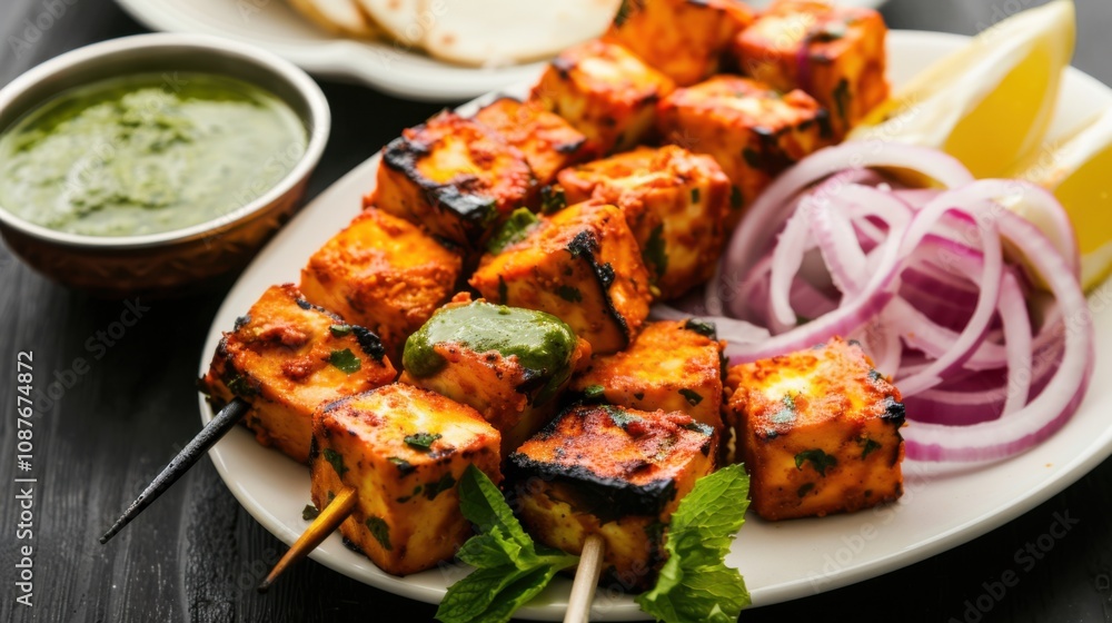 A delightful plate of Indian paneer tikka, marinated and grilled cubes of paneer cheese served with mint chutney A delightful plate of Indian paneer tikka, marinated and grilled cubes of paneer cheese served with mint chutney