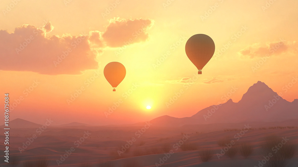 Fototapeta premium A trio of hot air balloons gliding above a serene desert at sunset