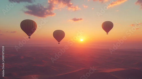 A trio of hot air balloons gliding above a serene desert at sunset