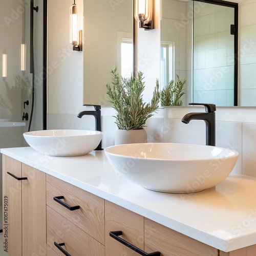 Expansive double vanity, vessel sinks, quartz countertop, modern design