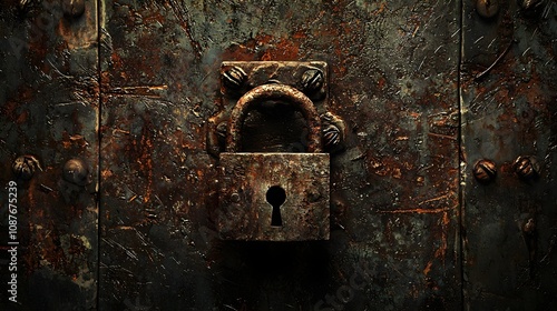 Close-up of a weathered lock on an old, heavily rusted metal door