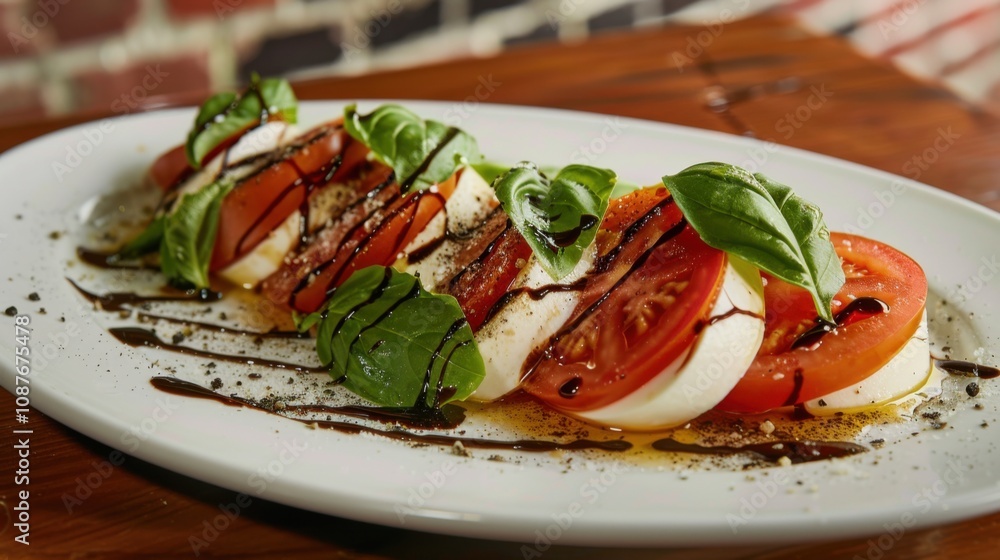 A delightful plate of Italian caprese salad with ripe tomatoes, fresh mozzarella