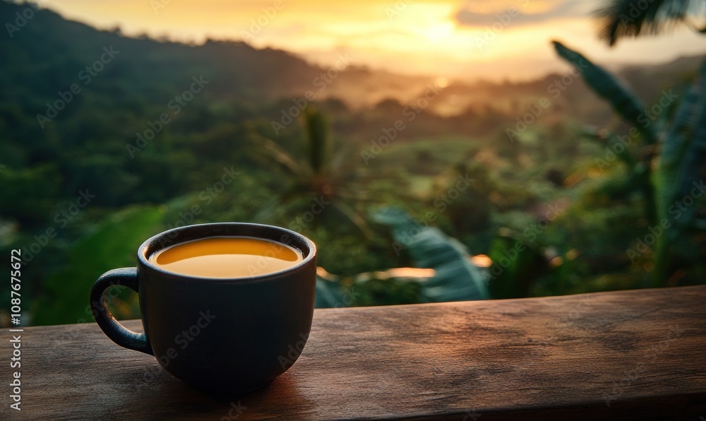 A serene morning scene featuring a cup of coffee against a lush landscape at sunrise. A serene morning scene featuring a cup of coffee against a lush landscape at sunrise.
