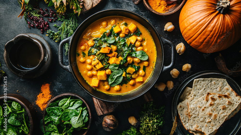 A vegan autumn stew made with chickpeas, potatoes, carrots, spinach, and pumpkin, simmered in a rich coconut milk broth with turmeric and cumin. A vegan autumn stew made with chickpeas, potatoes, carrots, spinach, and pumpkin, simmered in a rich coconut milk broth with turmeric and cumin.