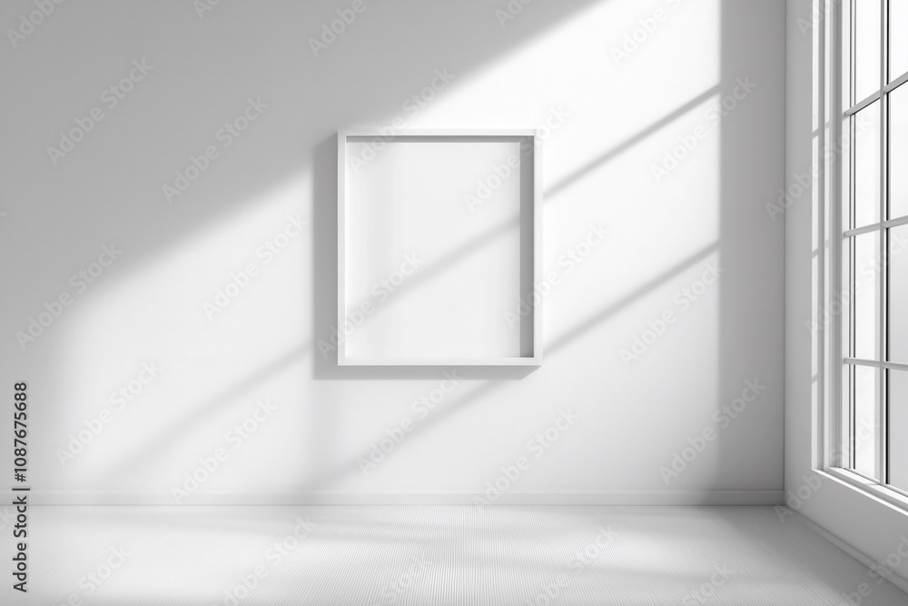 Wooden mock up poster frame hanging on the wall in a minimalist room Wooden mock up poster frame hanging on the wall in a minimalist room