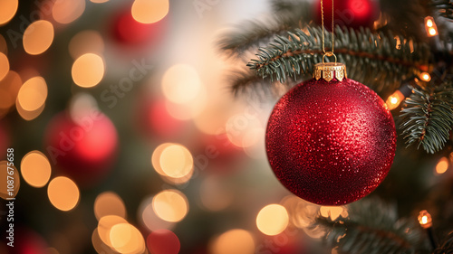 Glittering Red Ornament on a Christmas Tree