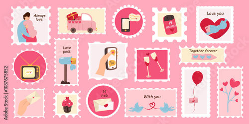 Postage stamps for Valentine's Day. Set of cute elements for Valentine's Day. Set of vector postage stamps. February 14, love concept. 