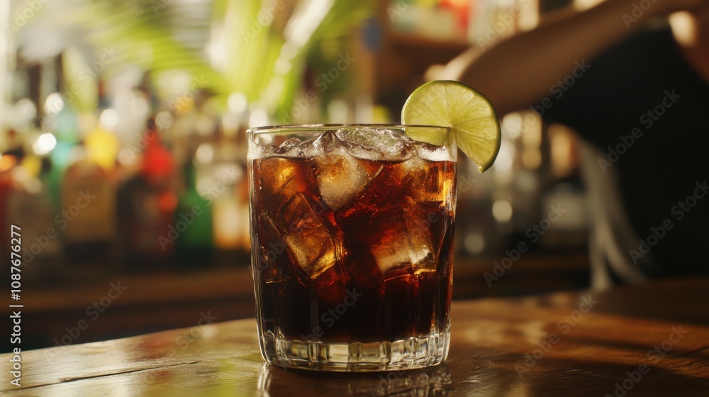 Refreshing Iced Cuba Libre Cocktail, Lime Wedge, Bar Setting Refreshing Iced Cuba Libre Cocktail, Lime Wedge, Bar Setting
