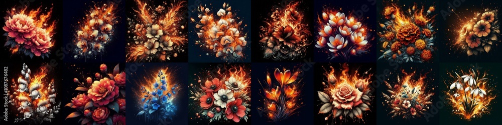 Fire splash flowers. AI generated illustration Fire splash flowers. AI generated illustration