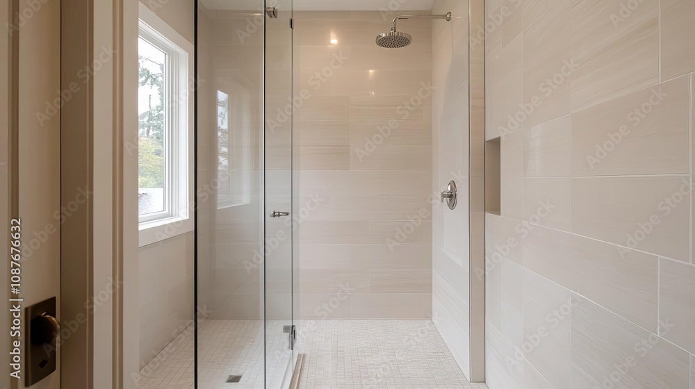 Expansive walk-in shower, dual rain heads, seamless glass enclosure, opulent design Expansive walk-in shower, dual rain heads, seamless glass enclosure, opulent design
