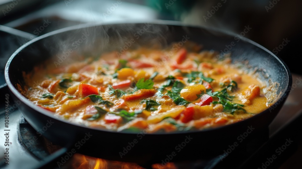 A steaming pan of colorful vegetable curry cooking on a stovetop. A steaming pan of colorful vegetable curry cooking on a stovetop.