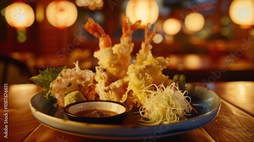 A delightful plate of Japanese tempura featuring crispy shrimp, vegetables photo