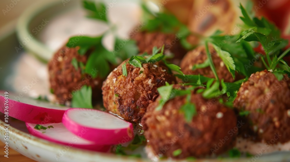 A delightful plate of Lebanese falafel, crispy chickpea fritters served with tahini sauce and pickled turnips A delightful plate of Lebanese falafel, crispy chickpea fritters served with tahini sauce and pickled turnips