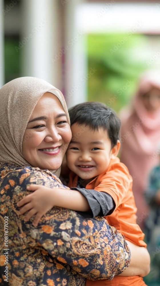 Family members exchange warm hugs and smiles with loved ones during the joyful Eid celebration Family members exchange warm hugs and smiles with loved ones during the joyful Eid celebration