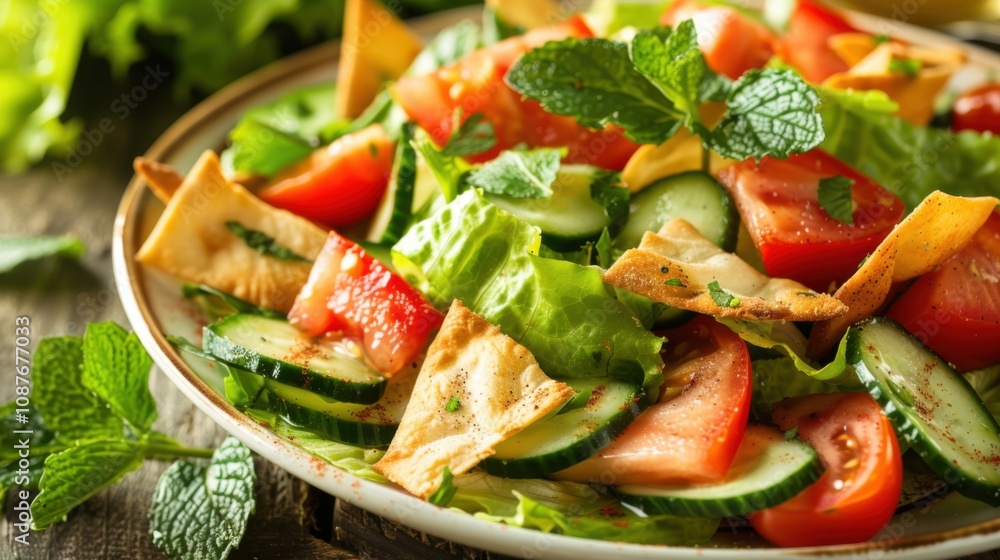 A delightful plate of Lebanese fattoush salad with crispy pita chips, lettuce A delightful plate of Lebanese fattoush salad with crispy pita chips, lettuce