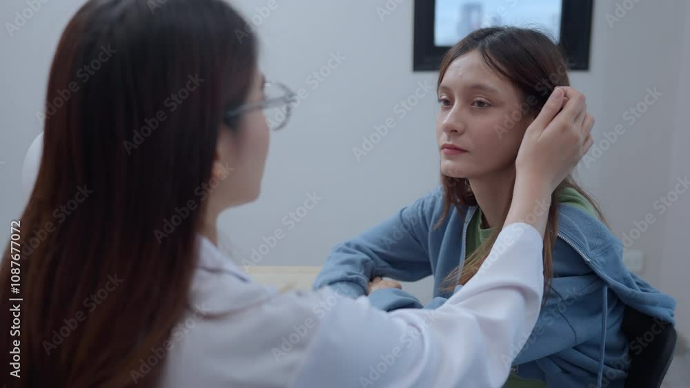 Dermatologist examines smiling patient's face during consultation Focusing on skin care, health and professional care products. Dermatologist examines smiling patient's face during consultation Focusing on skin care, health and professional care products.