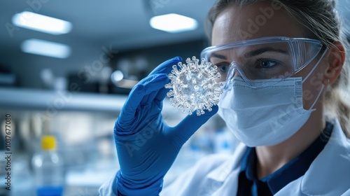 A scientist in a mask and gloves closely inspects a luminous molecular model, surrounded by a sterile lab environment, symbolizing scientific discovery. photo