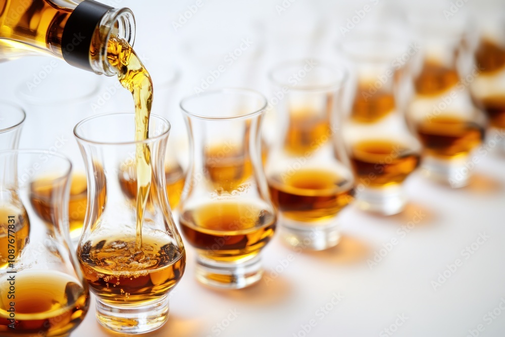 A bottle pours amber liquid into tasting glasses arranged in a row. A bottle pours amber liquid into tasting glasses arranged in a row.