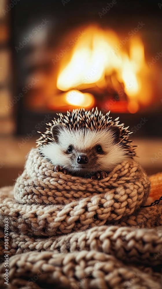 Cute Hedgehog Snuggling in a Knitted Blanket by the Fireplace Cute Hedgehog Snuggling in a Knitted Blanket by the Fireplace