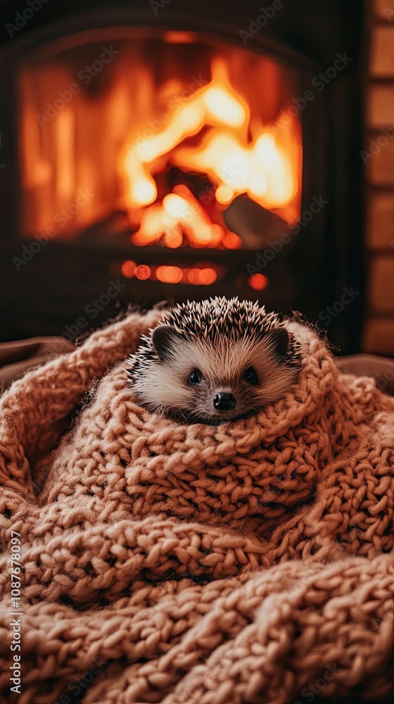 Hedgehog Snuggling in a Knitted Blanket by the Fireplace Hedgehog Snuggling in a Knitted Blanket by the Fireplace
