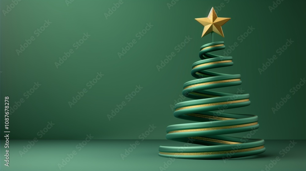 Modern abstract Christmas tree design in green and gold with a star on top against a plain green background. Modern abstract Christmas tree design in green and gold with a star on top against a plain green background.