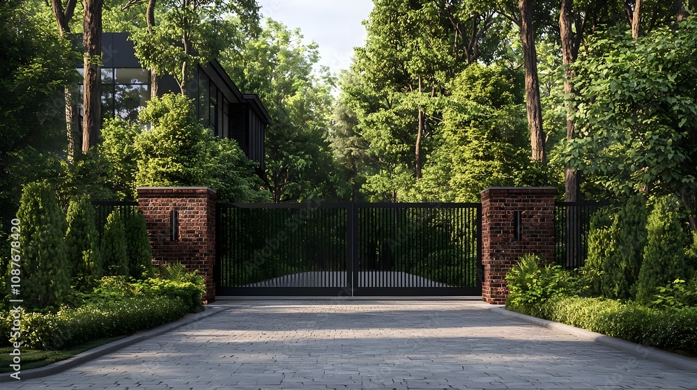 Elegant Black Metal Driveway Gate with Brick Pillars Elegant Black Metal Driveway Gate with Brick Pillars