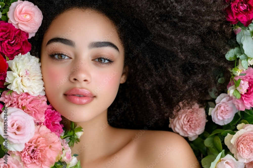 A soft-lit portrait of a woman with an afro adorned with fresh flowers, creating an ethereal vibe A soft-lit portrait of a woman with an afro adorned with fresh flowers, creating an ethereal vibe