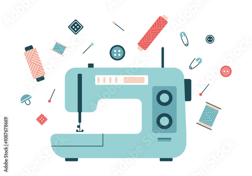 Sewing mashine and tailoring elements. Accessories, tools for atelier, dressmaker. Elements for needlework, handmade, hobby. Sew or clothes designer concept. Vector illustration	