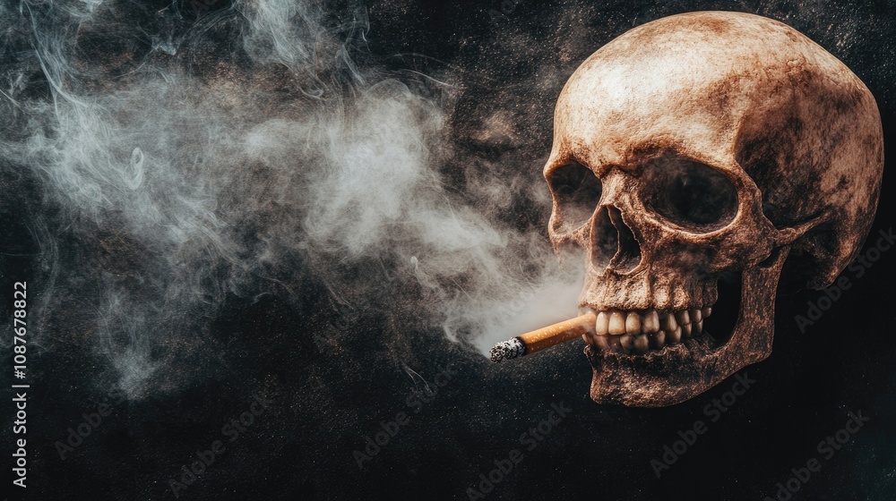 A chilling visual of a skull emitting thin trails of smoke while clutching a cigarette, set against a black background. A chilling visual of a skull emitting thin trails of smoke while clutching a cigarette, set against a black background.