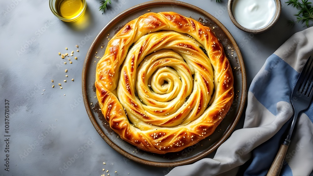 Skopelitiki Tyropita Spiral Cheese Pie Close-Up (Greek Cuisine) Skopelitiki Tyropita Spiral Cheese Pie Close-Up (Greek Cuisine)