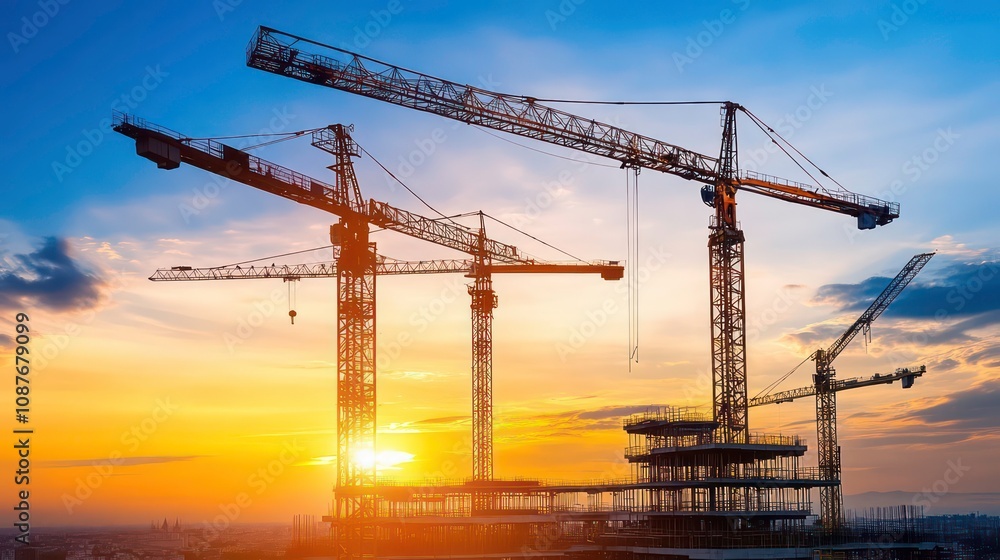 Construction cranes silhouetted against a sunset as the day ends on a massive building project Construction cranes silhouetted against a sunset as the day ends on a massive building project