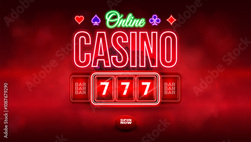 Online casino banner for website with button spin now, modern slot machine and playing cards. Glowing red casino poster on dark red background. Vector illustration