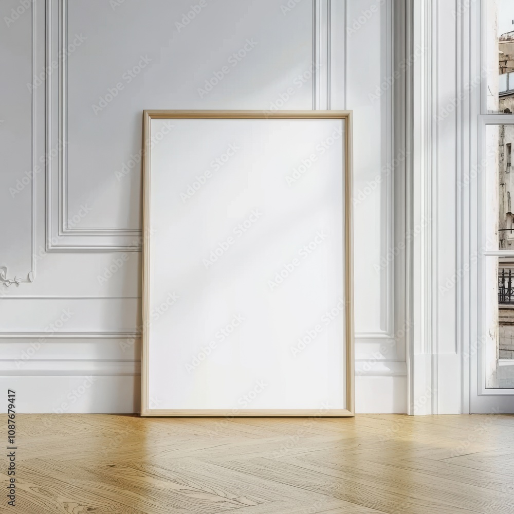 Blank canvas on floor against white wall in bright room, potential for art display Blank canvas on floor against white wall in bright room, potential for art display