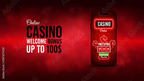 Casino bonus banner. Mobile casino concept on dark red background. Slot machine with button. Vector illustration