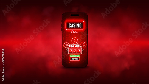 Mobile online casino banner with button. Smartphone, casino slot machine, poker chips in smoky red  background. Vector illustration