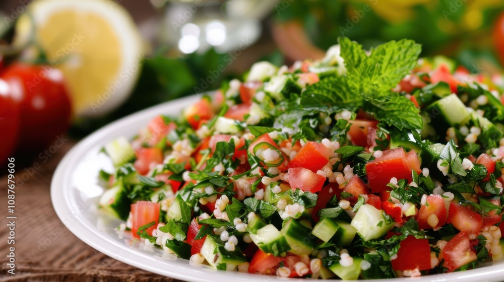 A delightful plate of Lebanese tabbouleh, bulgur wheat salad with tomatoes A delightful plate of Lebanese tabbouleh, bulgur wheat salad with tomatoes