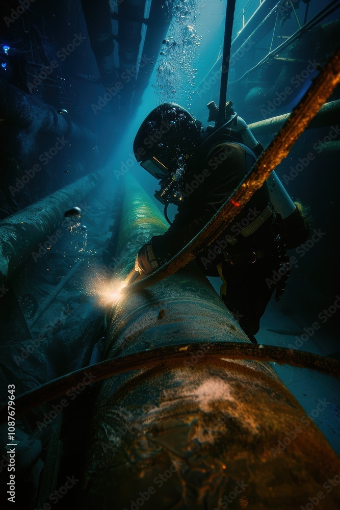 Underwater Welding Operation: Diver Repairing Submerged Pipeline in Challenging Environment Underwater Welding Operation: Diver Repairing Submerged Pipeline in Challenging Environment